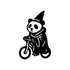 A panda wearing a conical hat and robe rides a bicycle