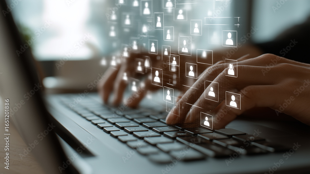 Poster hands typing on laptop keyboard with floating user icons and digital data visualization trends repre