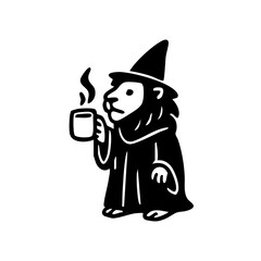A stylized, black-and-white illustration of a lion-like creature wearing a witch's hat and holding a steaming mug