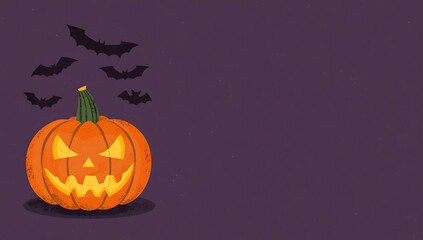 Halloween pumpkin with bats against a dark purple background.