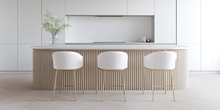 Three white chairs are lined up at a modern kitchen island with minimalist decor. Contemporary elegance, minimalist design, bright interiors