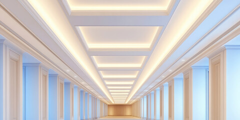 Fototapeta premium A long, elegant corridor with soft lighting and ornate columns stretches into the distance, creating a sense of depth. Concept: Architectural elegance