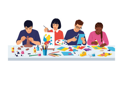 Creative Minds in Action: A diverse group of individuals engrossed in a lively craft session, showcasing their artistic flair with painting, sculpture, and papercraft projects