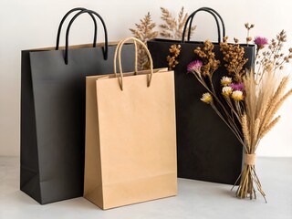 Three Paper Shopping Bags with Dried Flower Bouquet