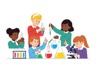Children exploring in science lab : A group of diverse, inquisitive children engage in exciting science experiments in a colorful, lively laboratory setting.