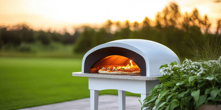 Pizza is baking inside a white outdoor oven on a patio next to some greenery. Outdoor cooking concept, with a peaceful, natural setting at sunset