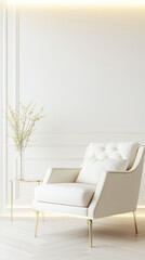 A plush white armchair with gold accents is placed beside a small table holding a vase with branches in a bright, minimalistic room. Elegant minimal interior design