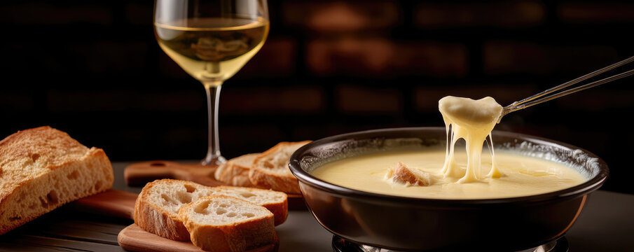 A bowl of cheese fondue with bread and a glass of white wine on a rustic table. Warm and inviting dining experience