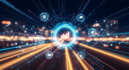 Futuristic digital cityscape with glowing data streams and technology icons