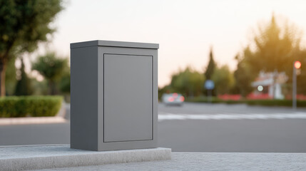 Gray metal box stands on a sidewalk near a road with cars and trees in the background. Concept: urban infrastructure, street equipment, roadside installation