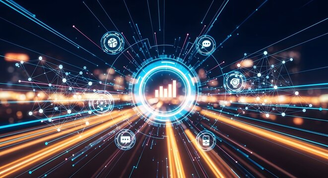 Futuristic digital cityscape with glowing data streams and technology icons