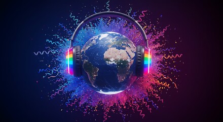 Obraz premium Earth Wearing Headphones Global Music Celebration with Confetti and Neon Lights Art, Technology