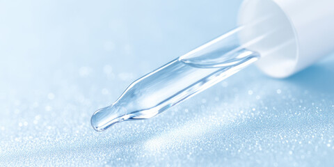 A clear liquid dropper rests on a light surface, showcasing precision and cleanliness. Skincare, healthcare, precision, cleanliness, liquid, dropper