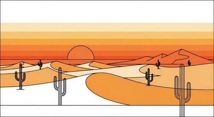 Graphic illustration showcasing a serene desert landscape at sunset with saguaro cacti