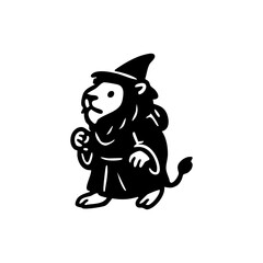 Black and white cartoon lion wearing a wizard's hat and robe