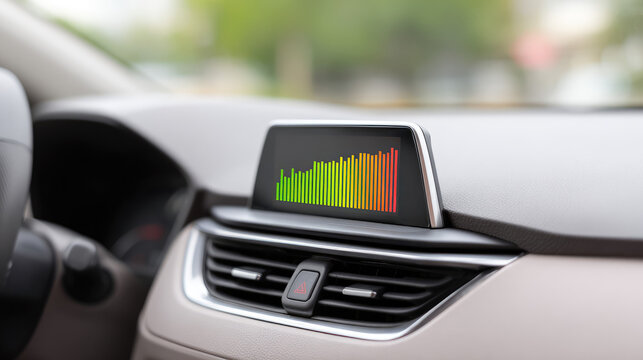 A digital screen on a car dashboard displays a colorful bar graph. Technology and automobile interface