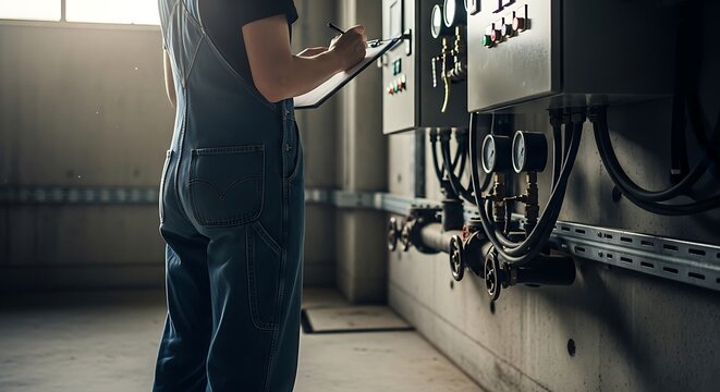 Worker inspecting industrial control panels in factory wearing blue overalls