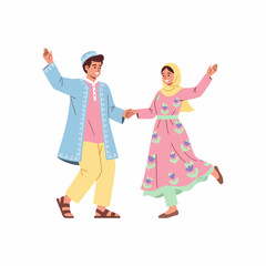 Happy Muslim couple in colorful traditional clothing dancing and holding hands.