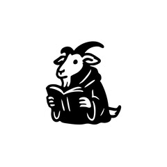 Black and white illustration of a goat wearing a robe and holding a book
