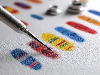 Close-up of a metallic tool positioned over colorful genetic patterns on a light surface