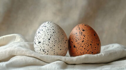 Two speckled eggs, light and dark, sit atop a draped linen cloth.  A muted background provides a soft backdrop