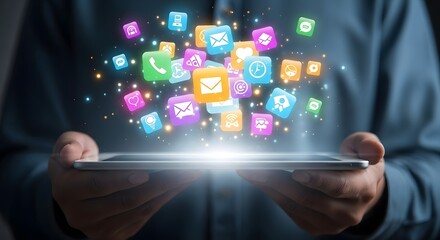 Person holding smartphone with glowing digital application icons floating above