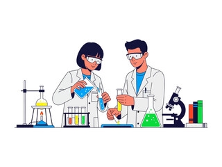 Scientific Experiment: Two scientists in a laboratory, engaged in conducting a scientific experiment, surrounded by lab equipment, illustrating the scientific method and discovery.