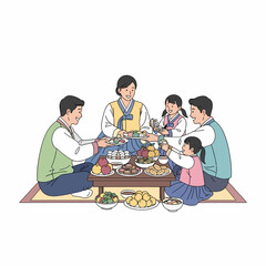 Korean Family Sharing Traditional Food in Hanbok.