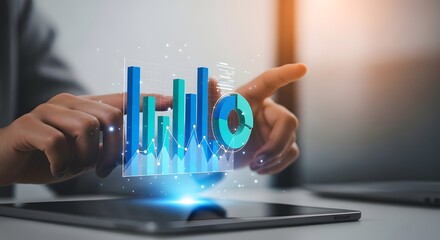 Person interacting with a futuristic holographic data visualization displaying financial charts and analytics
