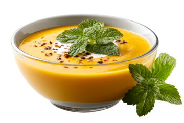 Creamy orange soup garnished with fresh mint leaves and chili flakes in a clear bowl