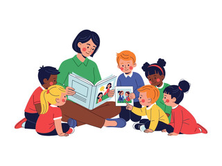 Storytime Gathering: A teacher captivates a group of attentive children with an enchanting storybook, fostering a shared moment of imagination and learning in a colorful scene.