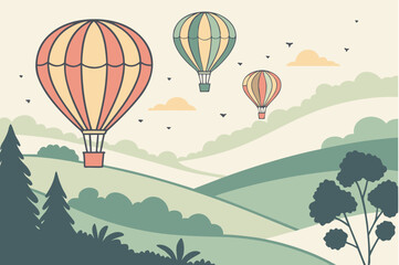 Obraz premium Hot air balloons drift over a misty valley at dawn, blending travel and whimsical scenery, modern flat illustration style.