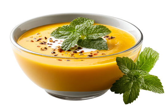 Creamy orange soup garnished with fresh mint leaves and chili flakes in a clear bowl - Powered by Adobe