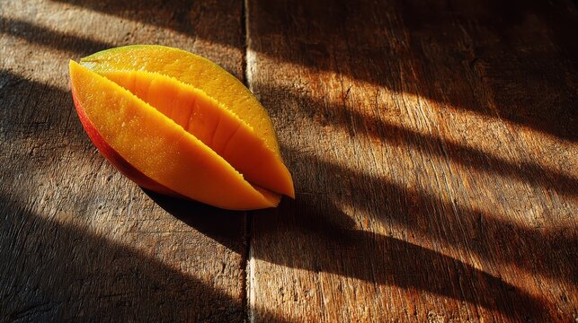 Juicy ripe mango sliced open revealing vibrant orange flesh on rustic wooden surface with natural sunlight