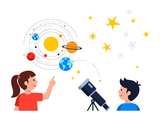 Astronomy Enthusiasts: Two children, filled with wonder and fascination, explore the mysteries of the universe with a telescope and the solar system.