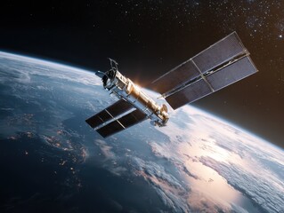 Sleek High-Tech Artificial Satellite Orbiting Earth Amid Twinkling Stars