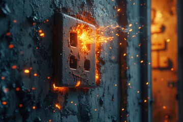 Fototapeta premium Close-Up of Burnt Wall Socket with Melted Plastic and Scorched Wires, Electrical Fire Damage, Sparks in Dark Background, Fire Hazard, Home Safety Risk, Wiring Failure, Power Outlet Damage