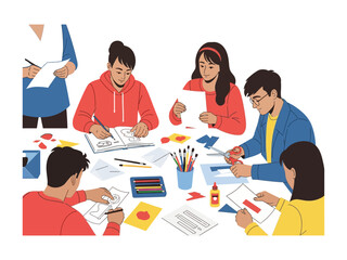 Creative Session: Capturing the energy of a creative workshop, with hands-on activities like drawing, painting, and crafting, fostering imagination and teamwork