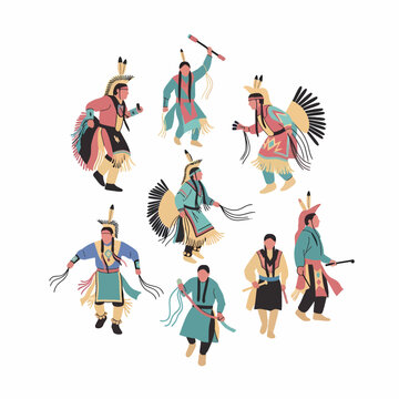 Stylized illustration of Native American men performing a traditional dance in colorful regalia and feathered headdresses.