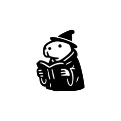 Cute, stylized, black-and-white illustration of a rodent-like creature wearing a wizard's hat and robe, holding a book