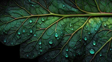 Obraz premium A vibrant green leaf with water droplets, set against a dark background, with a black frame.