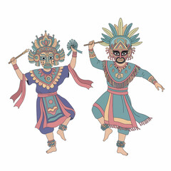 Two figures in traditional colorful costumes and masks performing a dance.