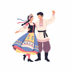 Happy couple in colorful embroidered traditional folk costumes performing a national dance.