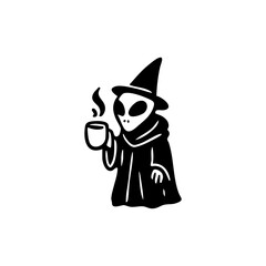 An alien in a witch's hat holds a steaming cup of coffee