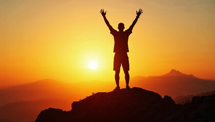 Silhouette with arms raised against sunset. Silhouette of person standing on mountain peak with arms outstretched, basking in golden sunlight, embodying freedom, achievement, and inner peace.