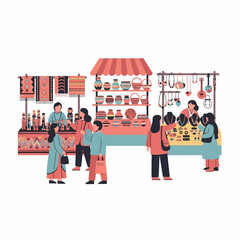 Vibrant ethnic street market with people shopping for handmade pottery jewelry and textiles.