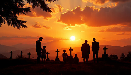 Fototapeta premium Family praying in cemetery with silhouettes against warm sunset sky. Family praying in cemetery creates a somber yet hopeful scene as loved ones gather to pay their respects.