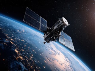 Sleek High-Tech Artificial Satellite Orbiting Earth Amid Twinkling Stars