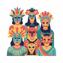 Colorful Stylized Group of Masked Figures with Decorative Headdresses and Costumes.