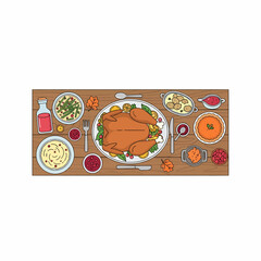 Illustrated Thanksgiving Dinner Feast with Roasted Turkey and Side Dishes on a Wooden Table Top View.